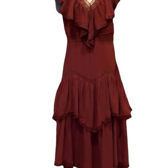 Anthropologie Boho Tiered Ruffle Midi Dress Wine Red Lace - Picture 3 of 8